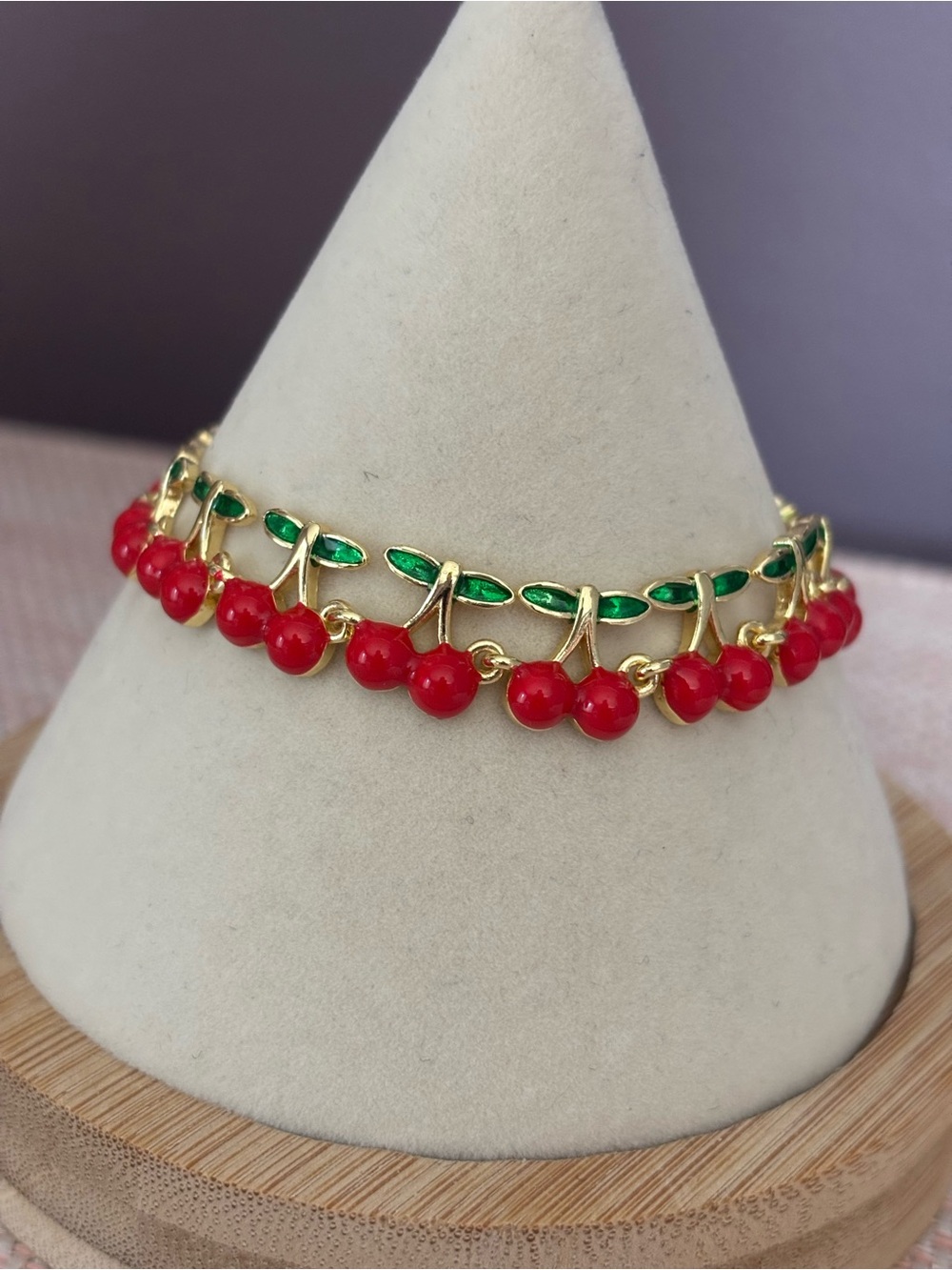 Gold Filled Cherry Link Bracelet with Red Enamel Charms